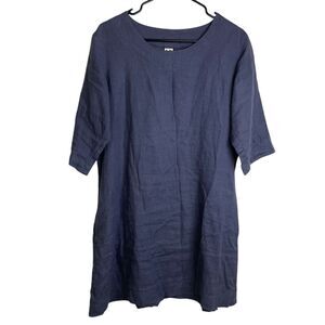 Len OK Medium 100% Linen Blue Purple Shirt Dress Pockets 3/4 Sleeves Belarus